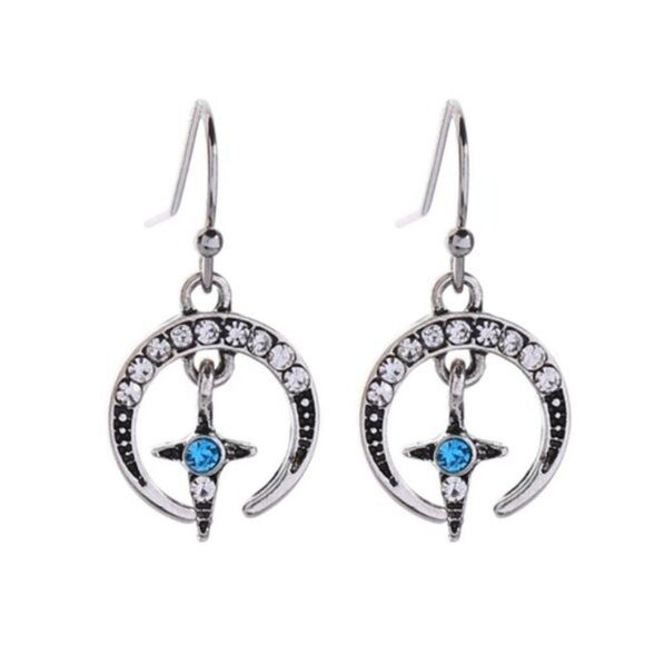 Moon Cross Blue & White Crystal Silver Vintage Hook Delicate Dangle Earrings - Picture 1 of 10